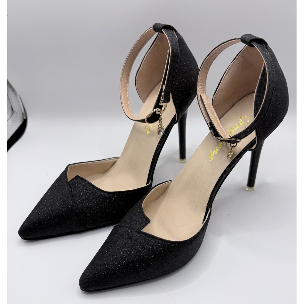 Qingcheng Black Glitter D'Orsay Pumps Pointed Toe Ankle Strap Red Bottom Heels